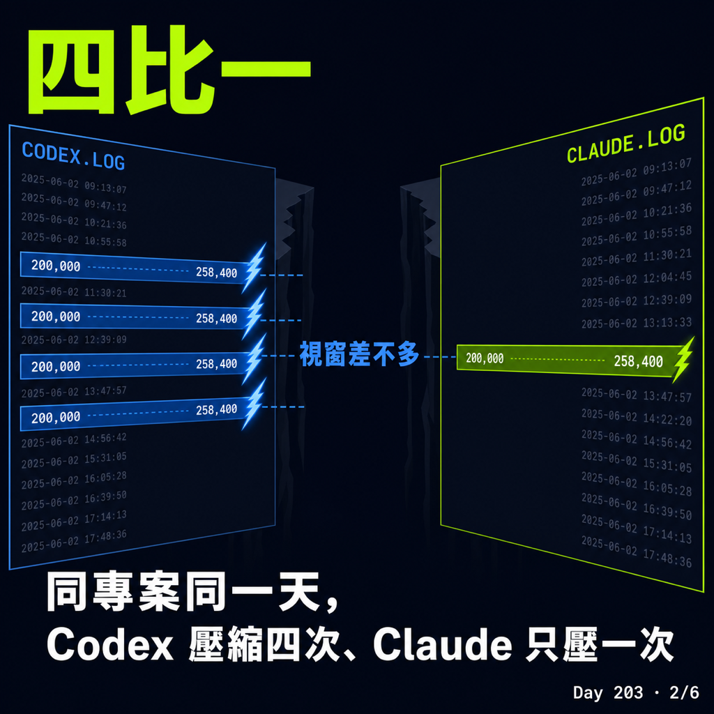 Day 203 數了 Codex 和 Claude 壓縮幾次 — 投影片 2