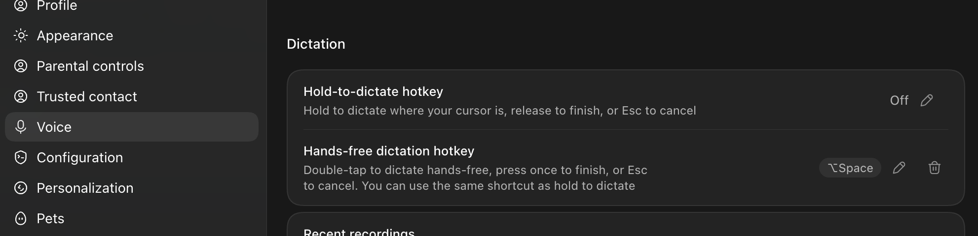 ChatGPT 桌面版設定的 Voice 分頁，Dictation 區塊有兩個熱鍵：上面的 Hold-to-dictate 顯示 Off，下面的 Hands-free dictation 綁在 ⌥Space