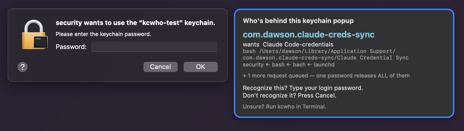 security 要求使用 kcwho-test 鑰匙圈的授權視窗旁，kcwho 藍色面板顯示請求來源 com.dawson.claude-creds-sync、要存取的項目 Claude Code-credentials，以及 security ← bash ← bash ← launchd 的呼叫路徑