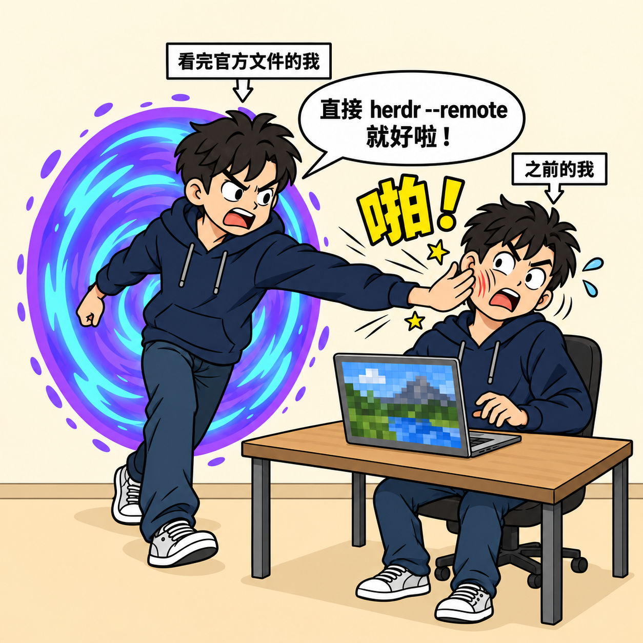 漫畫梗圖：標著「看完官方文件的我」的人從時光隧道衝出來，一巴掌打在標著「之前的我」的人臉上，旁邊一個大大的「啪！」，對話框寫著「直接 herdr --remote 就好啦！」；被打的人面前那台筆電，螢幕上是一張粗糙的馬賽克風景圖